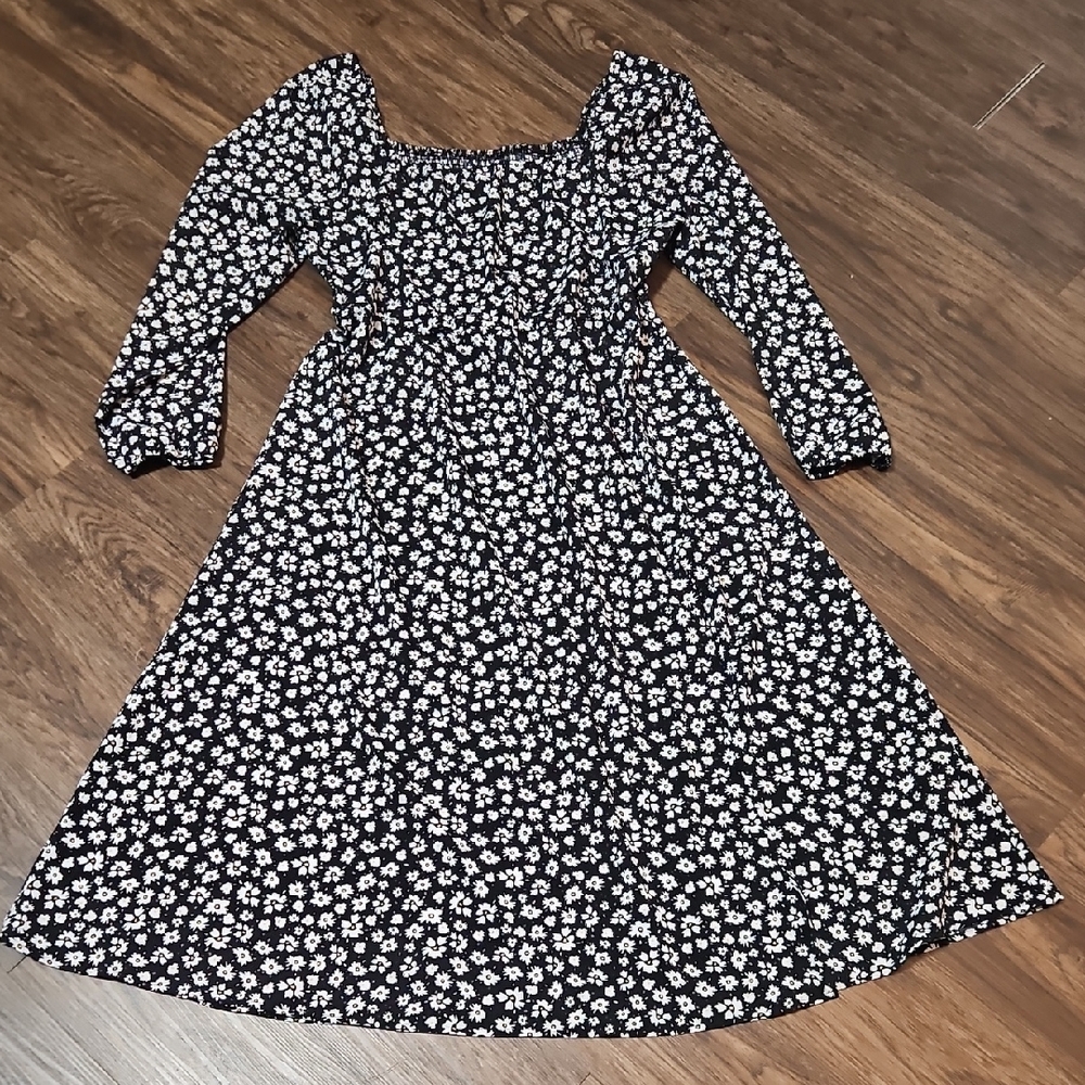 Shein Curve Black Floral Smocked Midi Dress 2XL